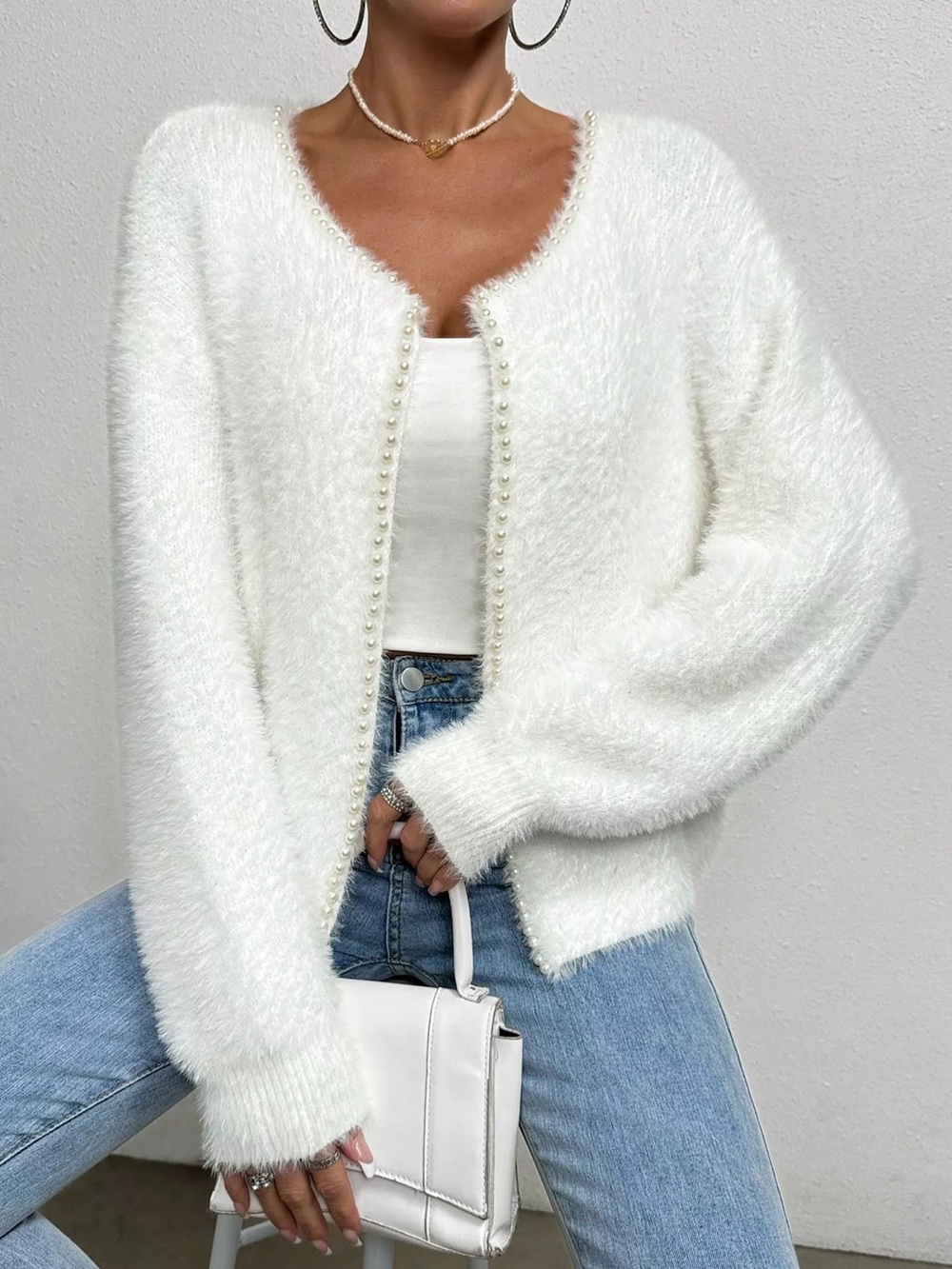 Pearl Trim Fuzzy Knif Cardigan Size Large